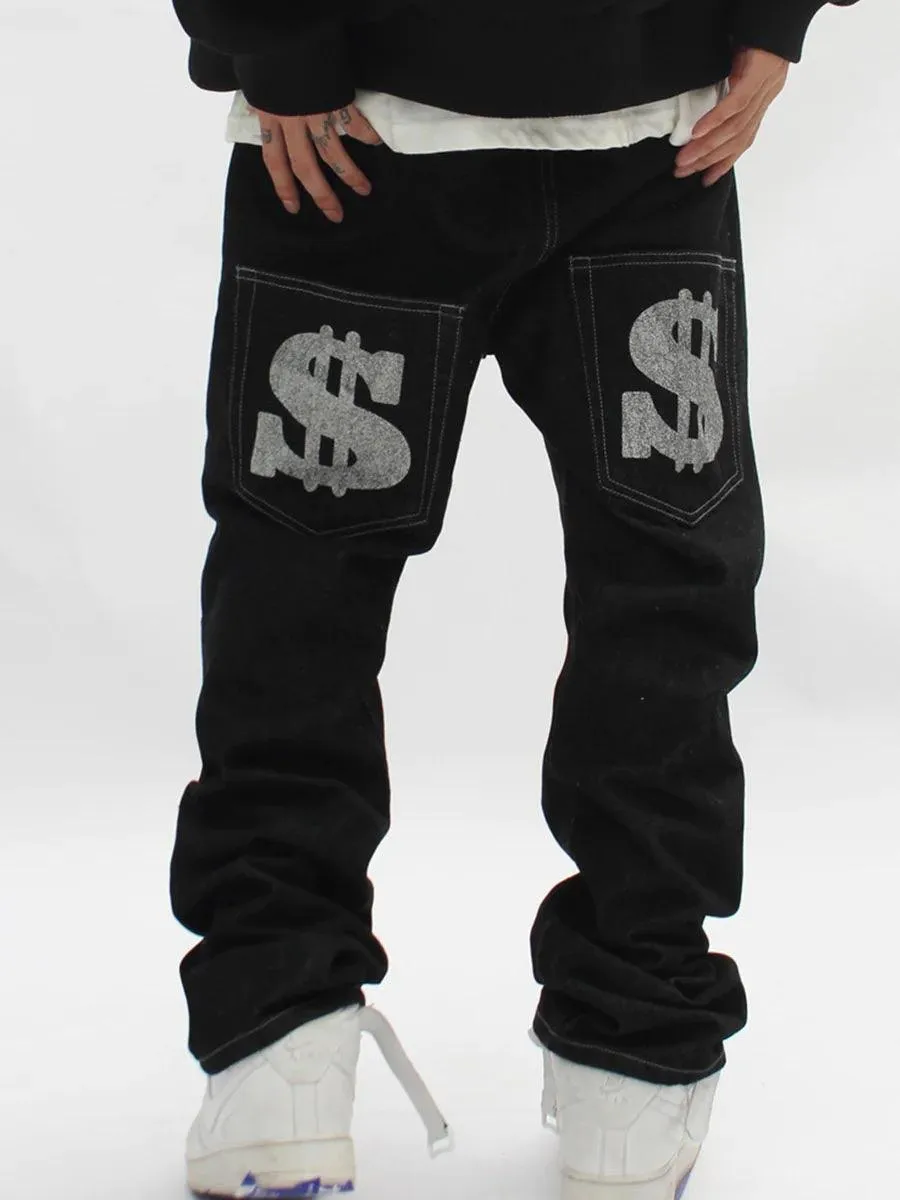 1984 Letter Print Dollar Black Baggy Jeans -1024