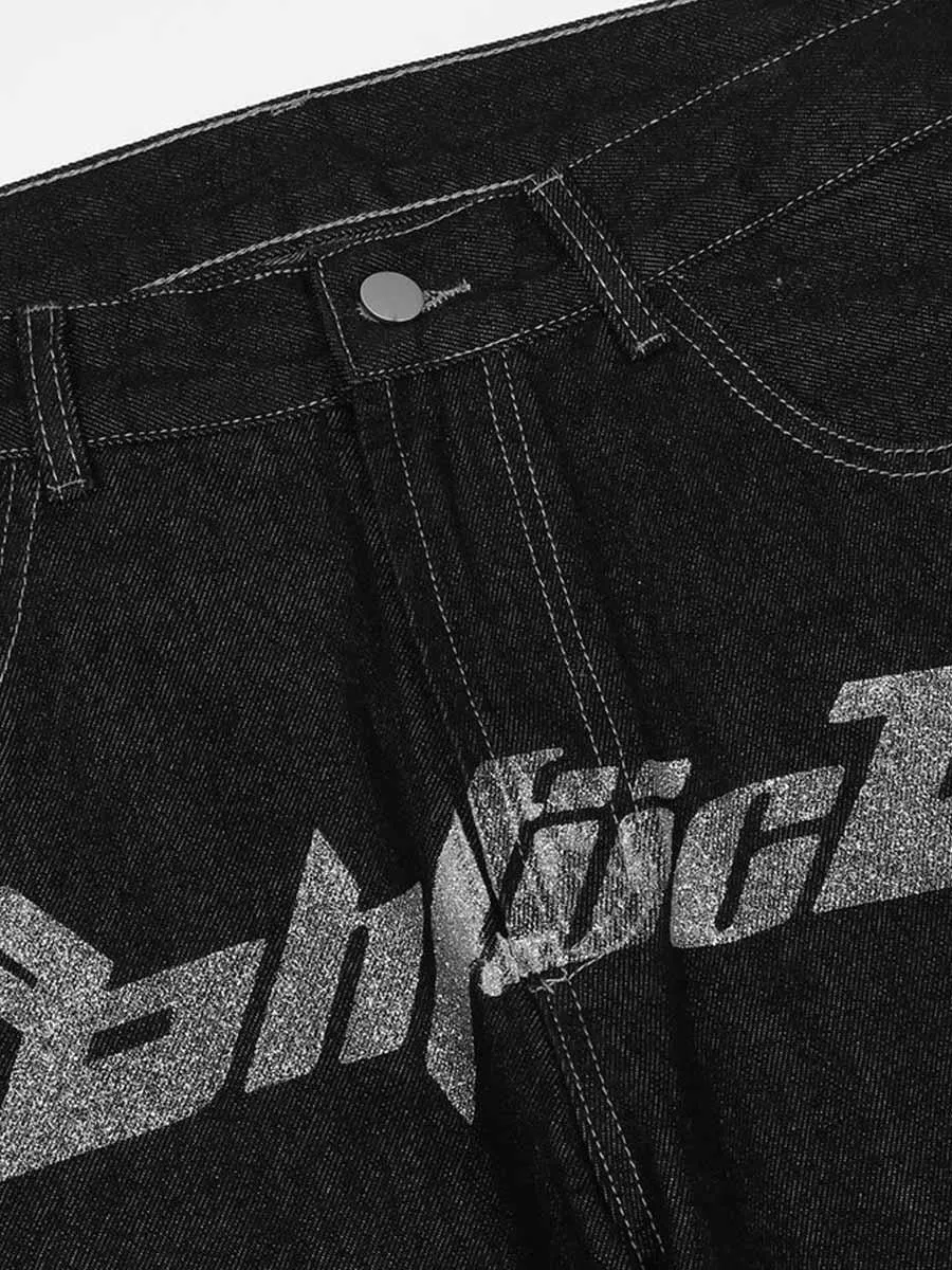 1984 Letter Print Dollar Black Baggy Jeans -1024