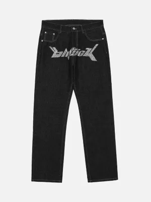 1984 Letter Print Dollar Black Baggy Jeans -1024