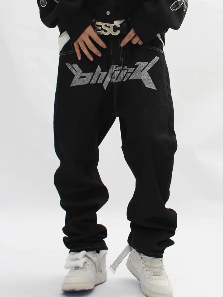 1984 Letter Print Dollar Black Baggy Jeans -1024