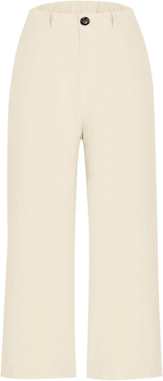 2025 Women's Casual Cotton Linen Capri Pants - Elastic Waist Button Nine-Tenths Trousers, Comfortable Summer Cropped