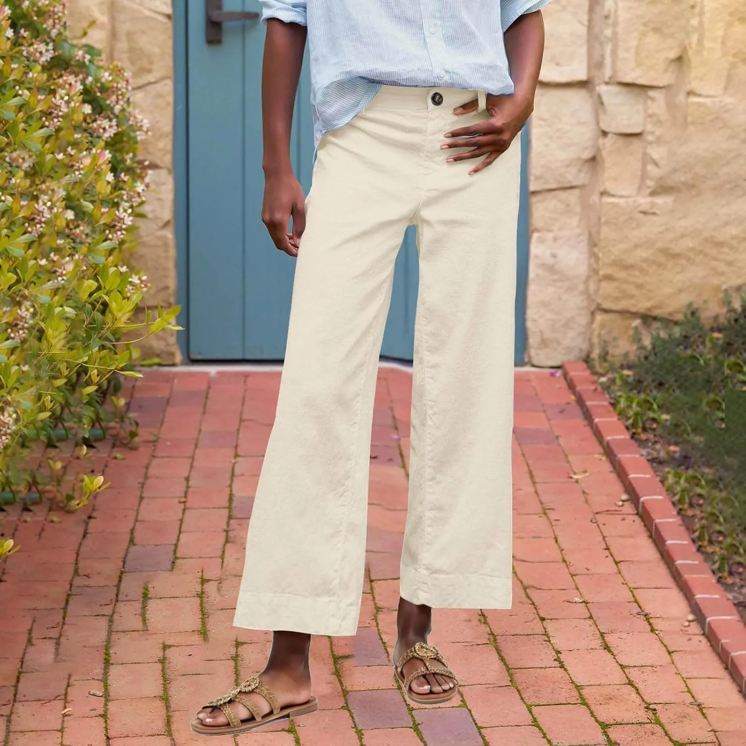 2025 Women's Casual Cotton Linen Capri Pants - Elastic Waist Button Nine-Tenths Trousers, Comfortable Summer Cropped