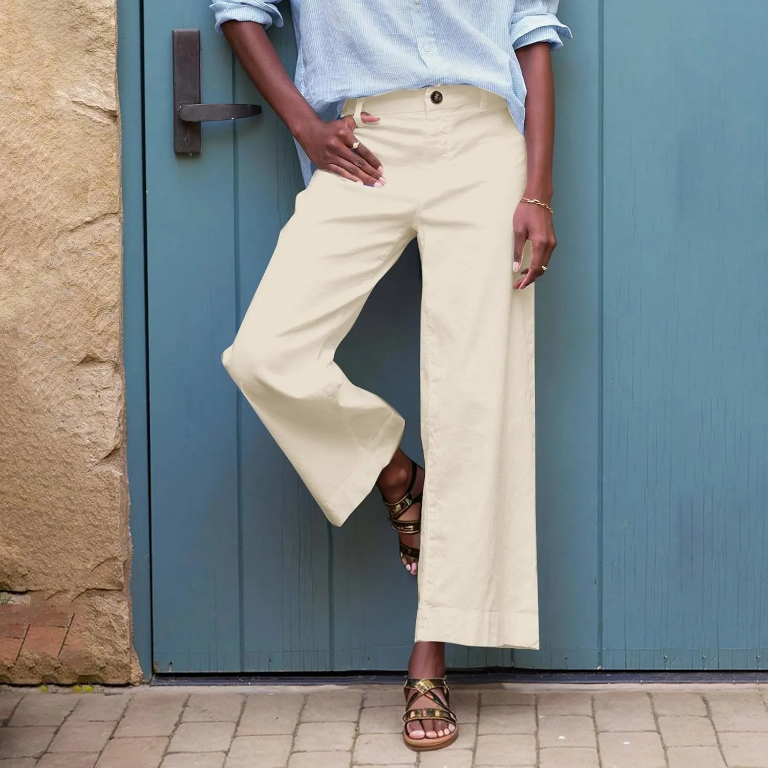 2025 Women's Casual Cotton Linen Capri Pants - Elastic Waist Button Nine-Tenths Trousers, Comfortable Summer Cropped