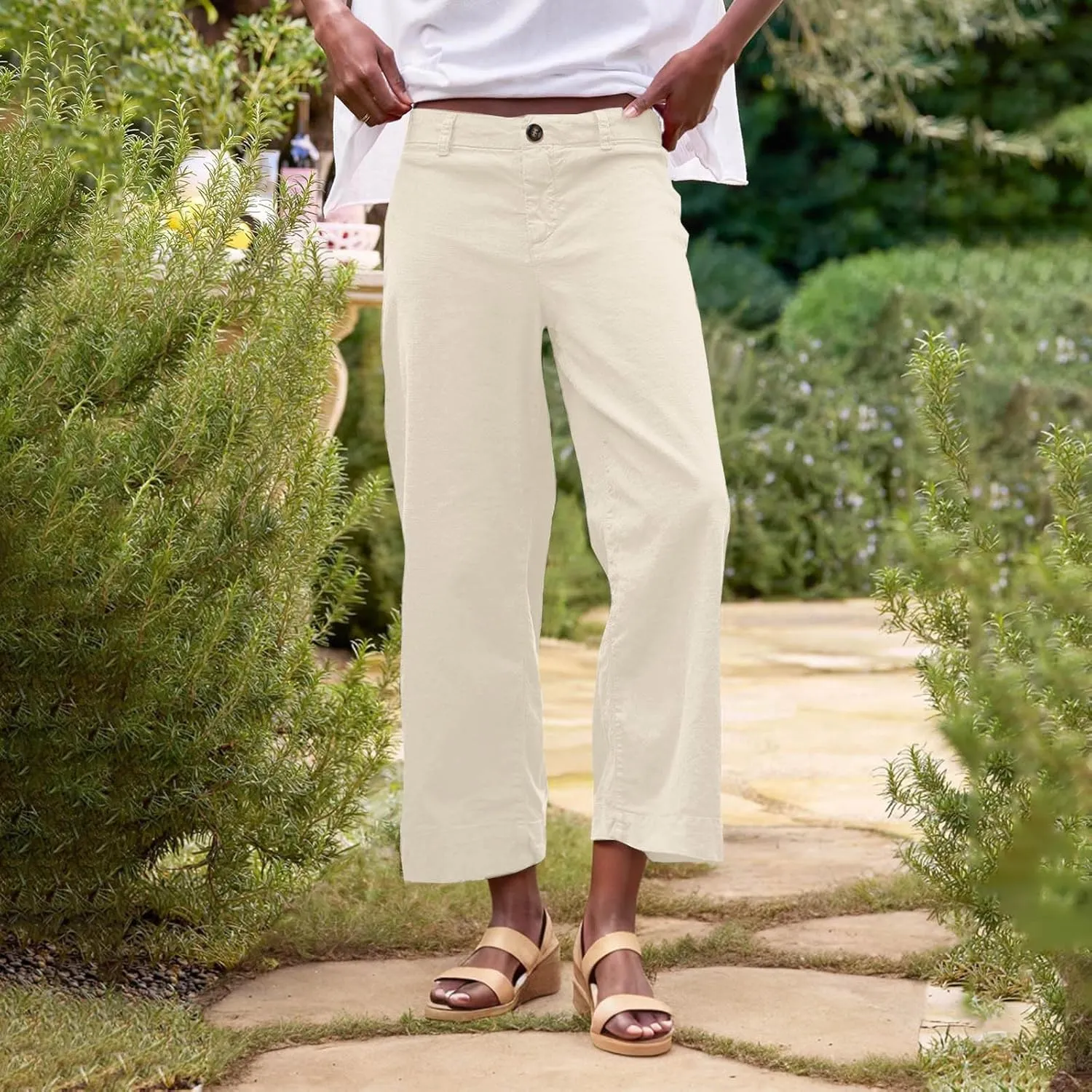 2025 Women's Casual Cotton Linen Capri Pants - Elastic Waist Button Nine-Tenths Trousers, Comfortable Summer Cropped