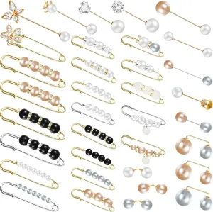 35 Pieces Faux Pearl Brooch Pins Sweater Shawl Pins Neckline Safety Pin Artificial Pearls Brooch White Pearl Safety Pins for Women Clothing Dresses Shoe Decoration Accessories(Fresh Color)