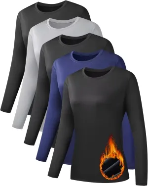 5 Pack Long Sleeve Thermal Shirts for Women Ultra Soft Fleece-Lined Crew Neck Workout Baselayer Tops
