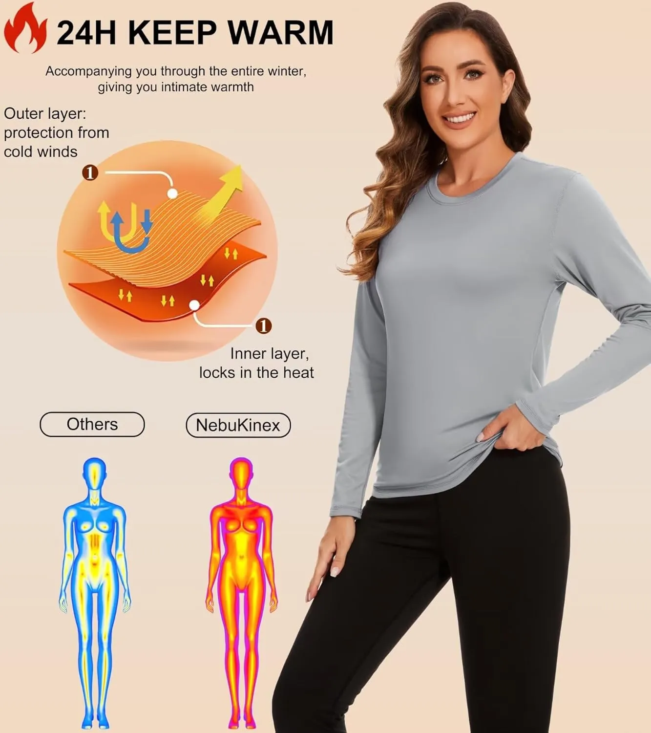 5 Pack Long Sleeve Thermal Shirts for Women Ultra Soft Fleece-Lined Crew Neck Workout Baselayer Tops