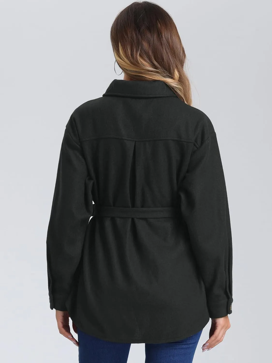 Allegra K Casual Shacket Jackets for Women's Long Sleeve Belted Button Down Fall Jacket Coat with Pockets