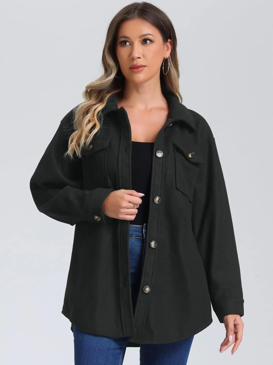 Allegra K Casual Shacket Jackets for Women's Long Sleeve Belted Button Down Fall Jacket Coat with Pockets