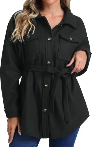 Allegra K Casual Shacket Jackets for Women's Long Sleeve Belted Button Down Fall Jacket Coat with Pockets