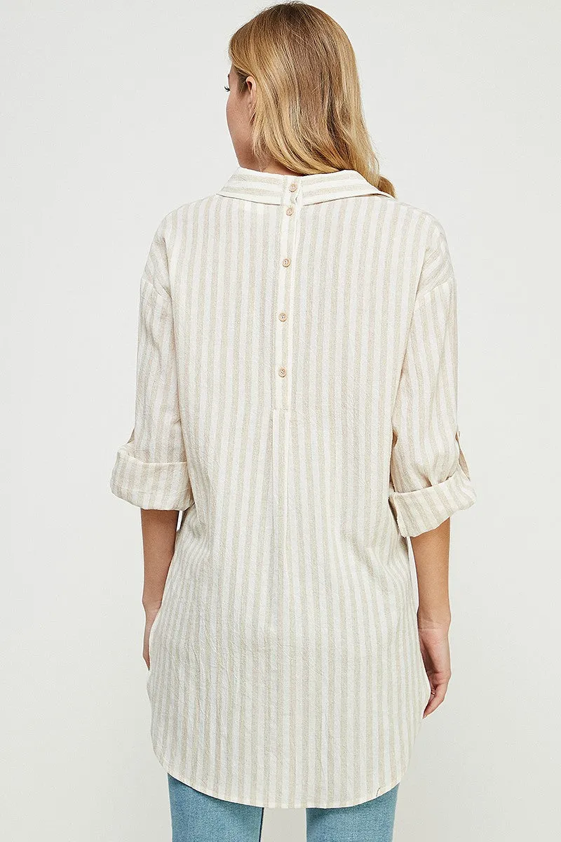 Allie Rose Breezy Linen Boyfriend Shirt in Natural Stripe