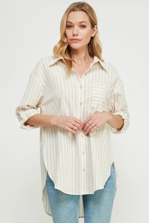 Allie Rose Breezy Linen Boyfriend Shirt in Natural Stripe