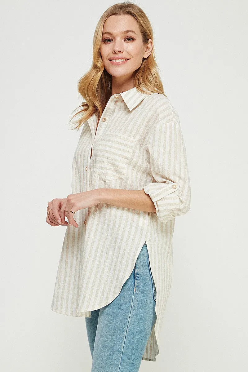 Allie Rose Breezy Linen Boyfriend Shirt in Natural Stripe