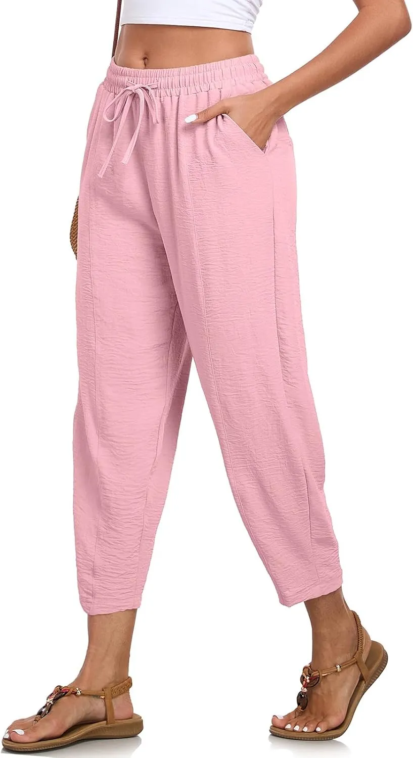 ALSOGO Womens High Waisted Baggy Pants Casual Ankle Length Pants Palazzo Trousers Slacks with Pockets Summer