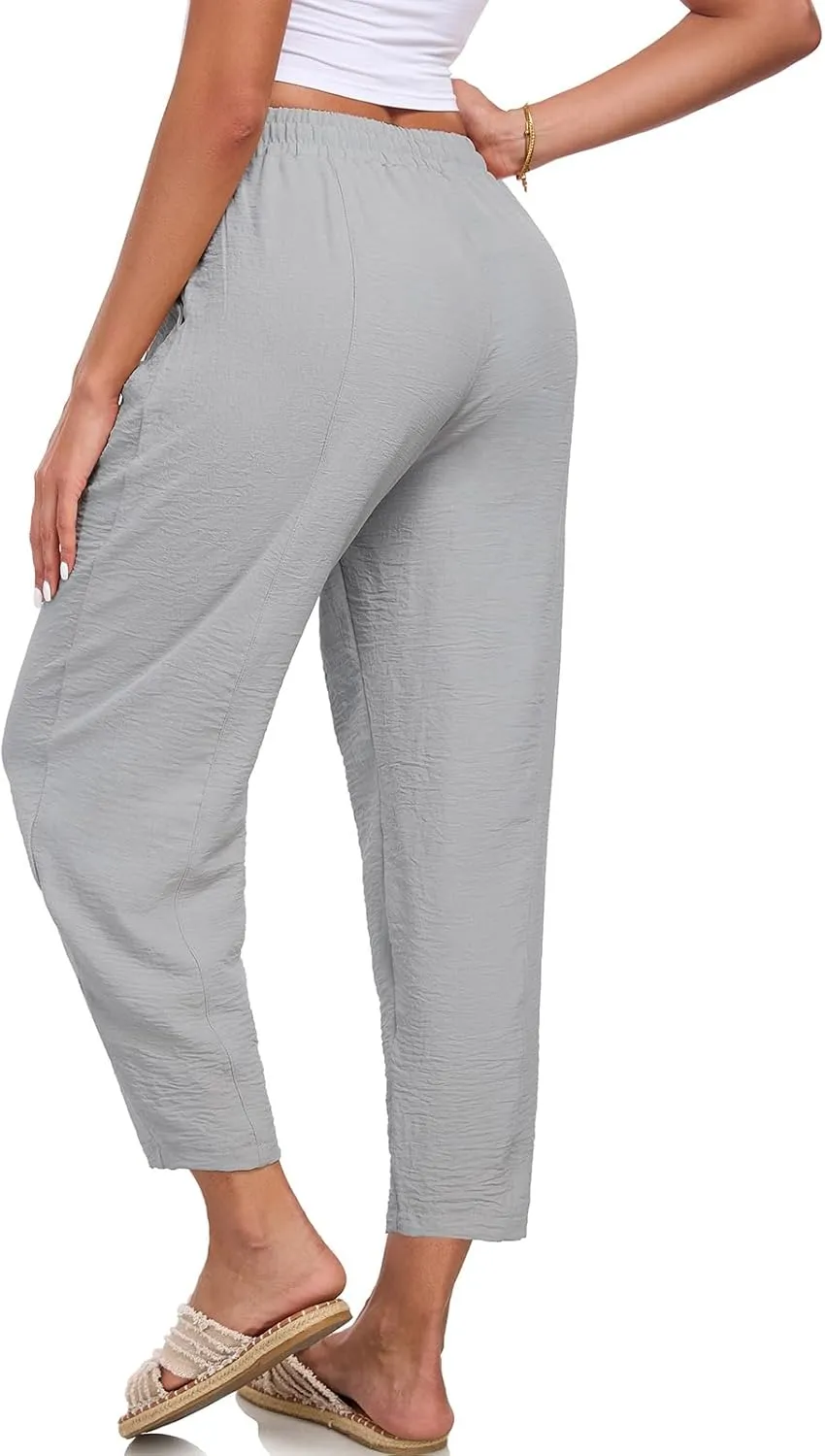 ALSOGO Womens High Waisted Baggy Pants Casual Ankle Length Pants Palazzo Trousers Slacks with Pockets Summer