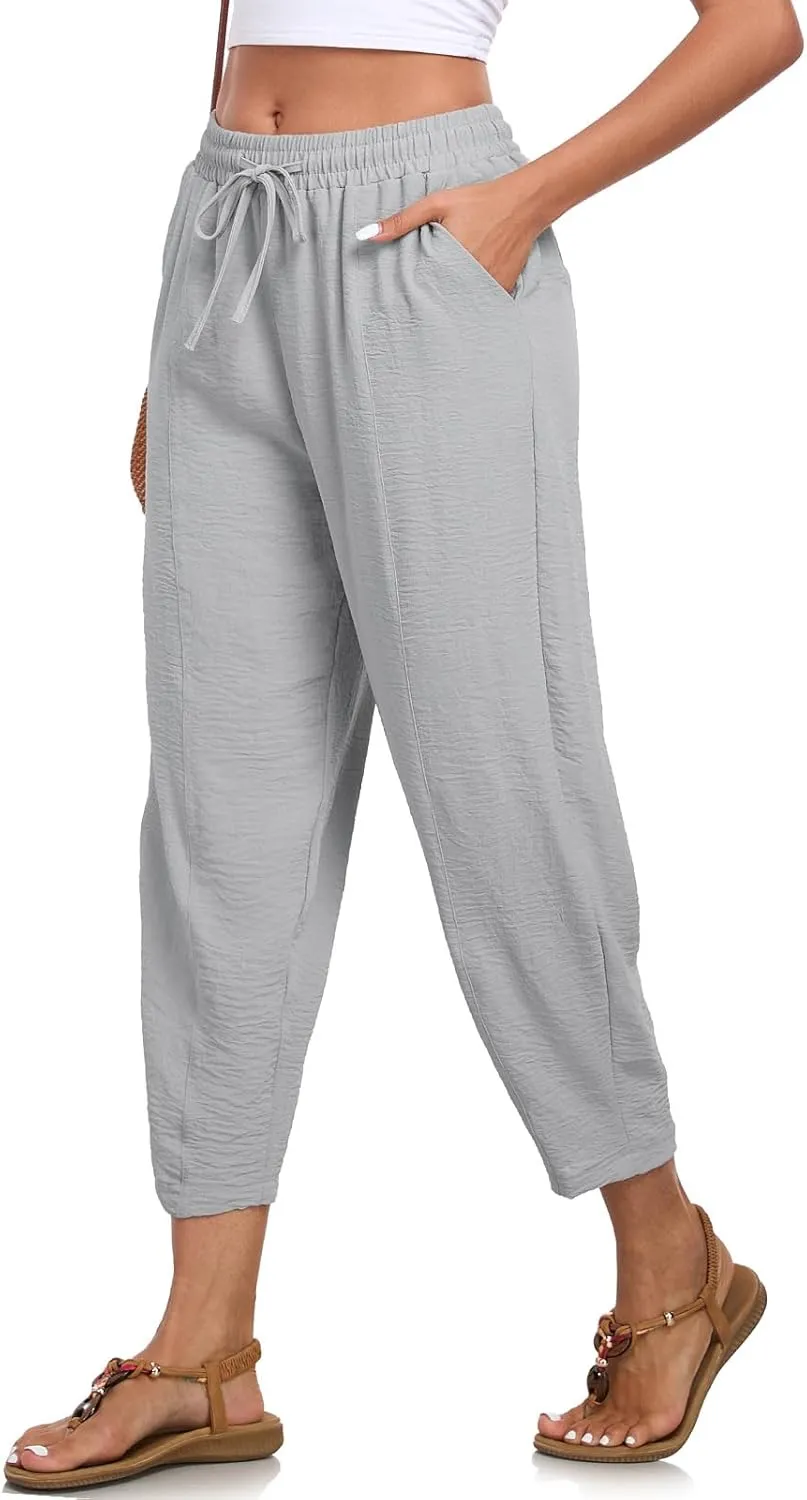 ALSOGO Womens High Waisted Baggy Pants Casual Ankle Length Pants Palazzo Trousers Slacks with Pockets Summer