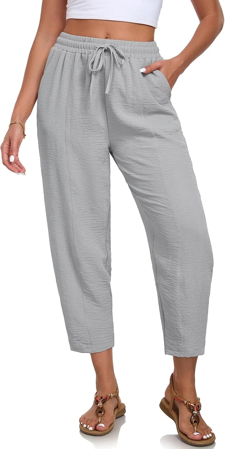 ALSOGO Womens High Waisted Baggy Pants Casual Ankle Length Pants Palazzo Trousers Slacks with Pockets Summer
