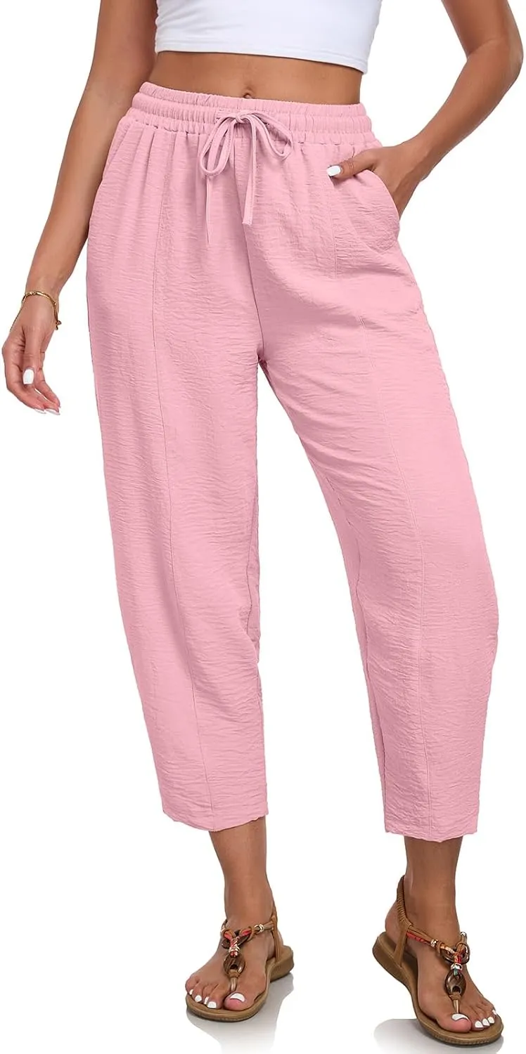 ALSOGO Womens High Waisted Baggy Pants Casual Ankle Length Pants Palazzo Trousers Slacks with Pockets Summer