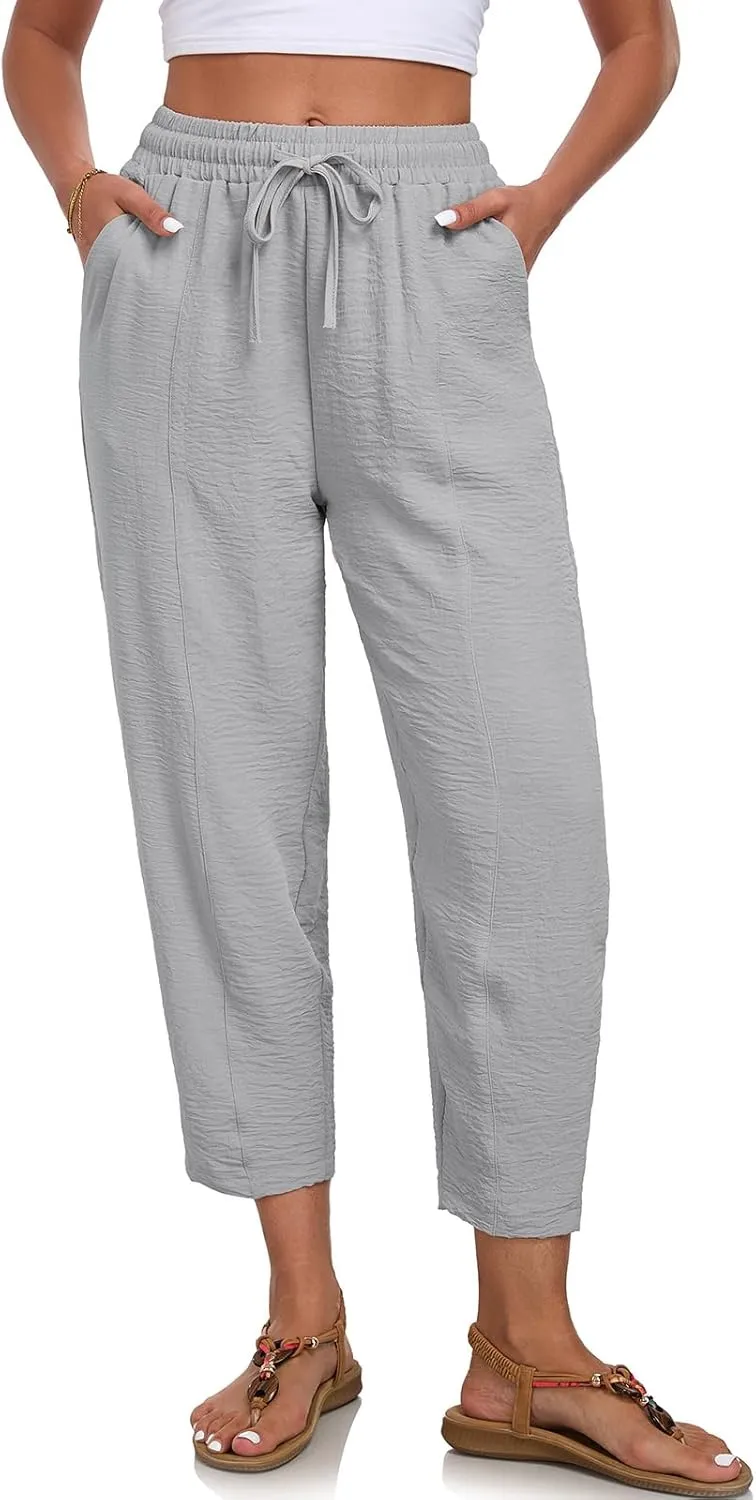 ALSOGO Womens High Waisted Baggy Pants Casual Ankle Length Pants Palazzo Trousers Slacks with Pockets Summer