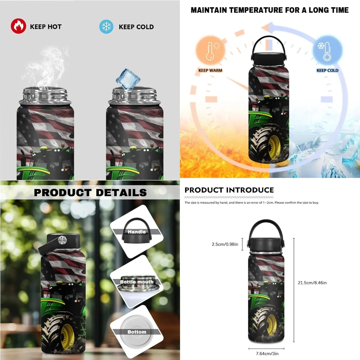 American Flag Boys Backpack 3-Pcs Set for Kids Tractor Book Bag with Lunch Box Water Bottle for Age 3-7 Children Bookbag 17 Inch Daypack for Back to School