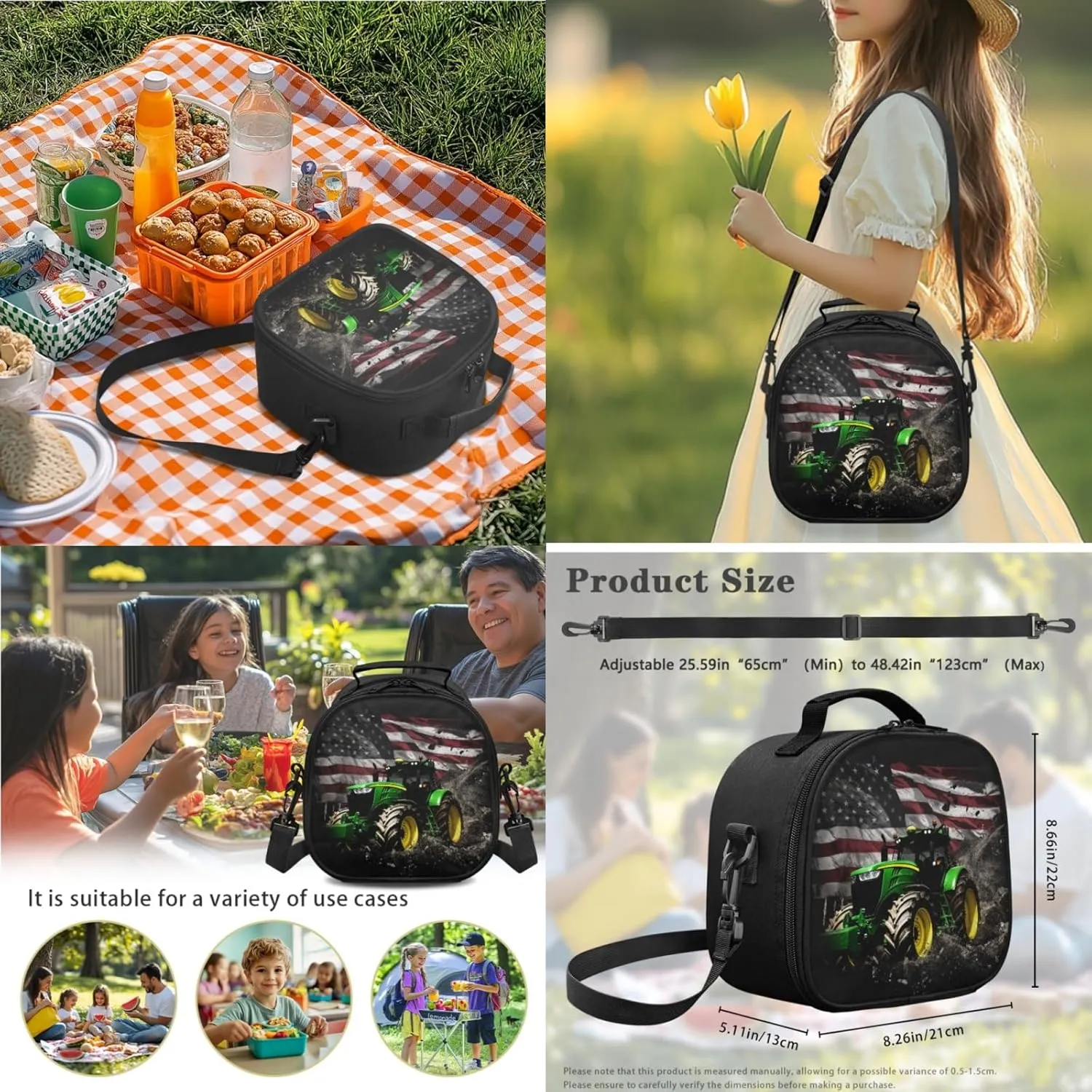 American Flag Boys Backpack 3-Pcs Set for Kids Tractor Book Bag with Lunch Box Water Bottle for Age 3-7 Children Bookbag 17 Inch Daypack for Back to School