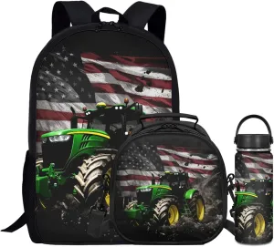 American Flag Boys Backpack 3-Pcs Set for Kids Tractor Book Bag with Lunch Box Water Bottle for Age 3-7 Children Bookbag 17 Inch Daypack for Back to School