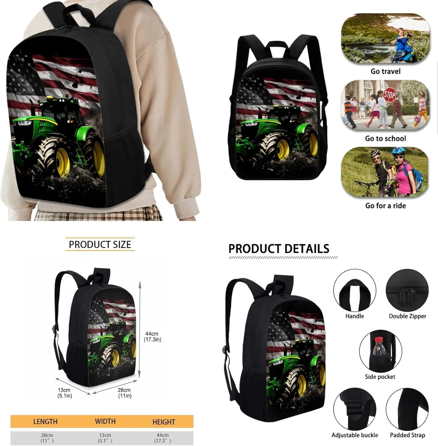 American Flag Boys Backpack 3-Pcs Set for Kids Tractor Book Bag with Lunch Box Water Bottle for Age 3-7 Children Bookbag 17 Inch Daypack for Back to School