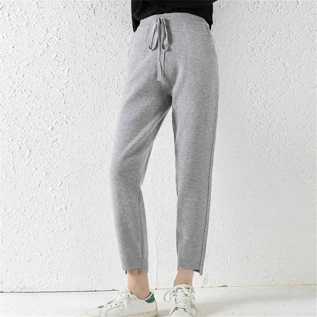 Autumn Women's Cashmere Fashion Versatile Harem Pants Core Yarn Knitted Loose Leggings Belted Wool Pants