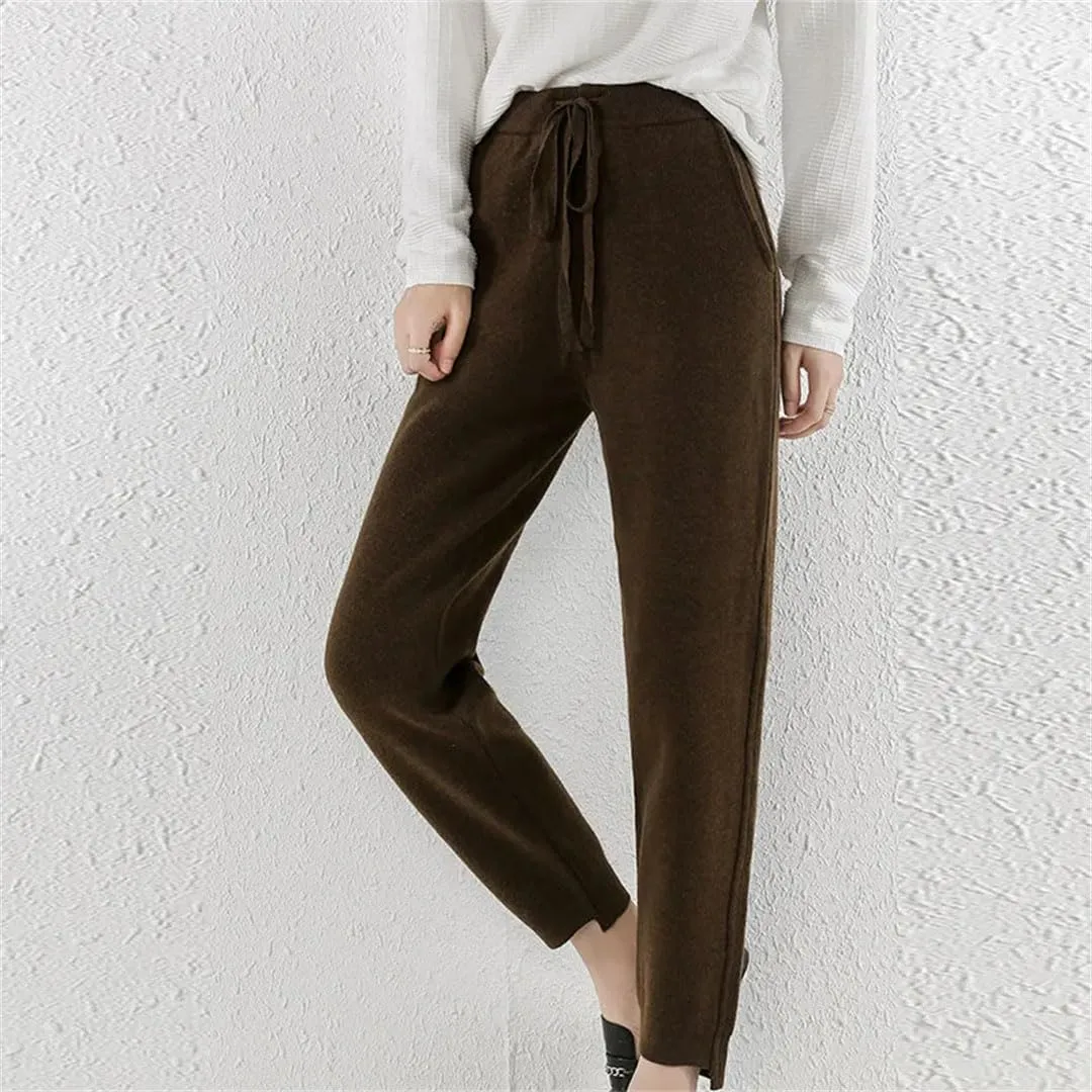 Autumn Women's Cashmere Fashion Versatile Harem Pants Core Yarn Knitted Loose Leggings Belted Wool Pants