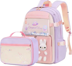 Backpack for Girls with Lunch Box, Kids School Backpack Elementary Knapsack Preschool Kindergarten BookBag Set Cute Bunny Daypack(Lunch Bag Sets Purple) Middle