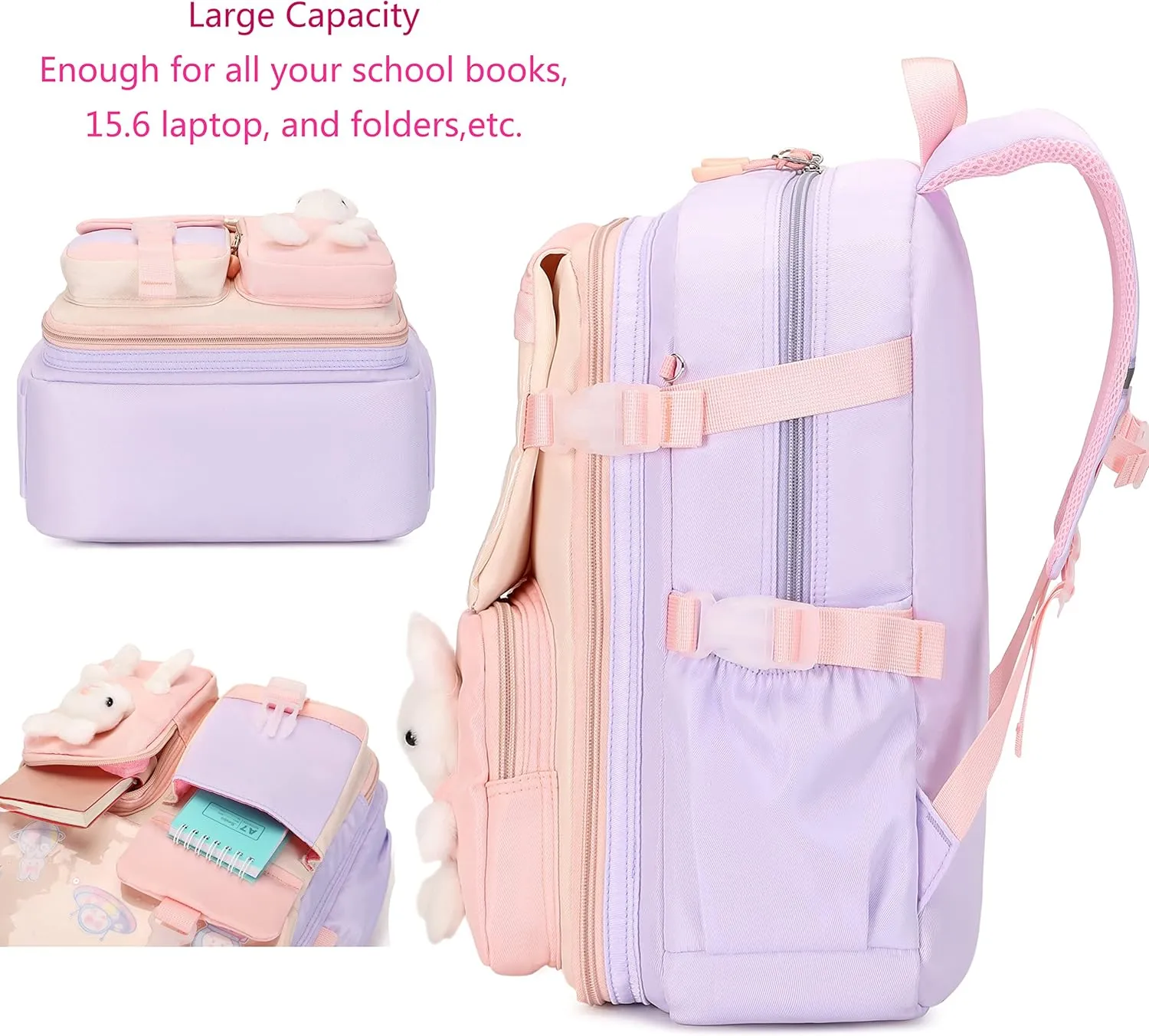 Backpack for Girls with Lunch Box, Kids School Backpack Elementary Knapsack Preschool Kindergarten BookBag Set Cute Bunny Daypack(Lunch Bag Sets Purple) Middle