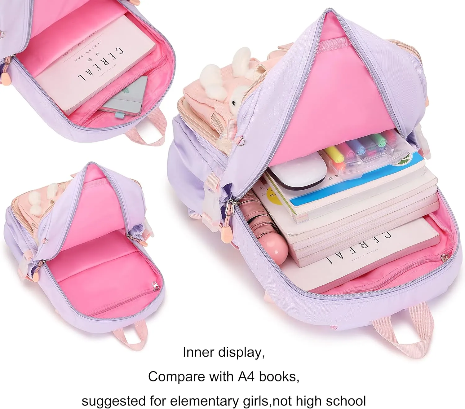 Backpack for Girls with Lunch Box, Kids School Backpack Elementary Knapsack Preschool Kindergarten BookBag Set Cute Bunny Daypack(Lunch Bag Sets Purple) Middle