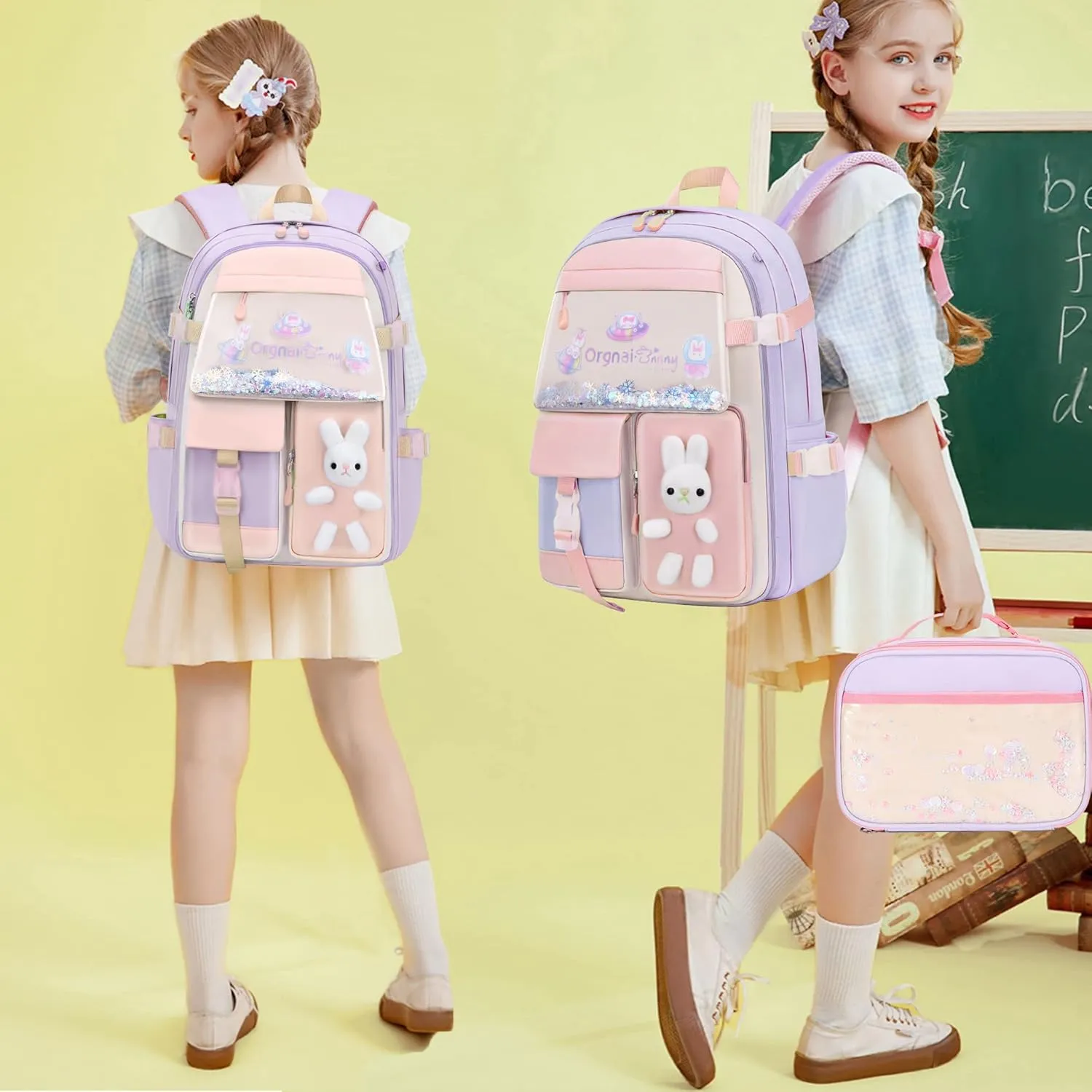 Backpack for Girls with Lunch Box, Kids School Backpack Elementary Knapsack Preschool Kindergarten BookBag Set Cute Bunny Daypack(Lunch Bag Sets Purple) Middle