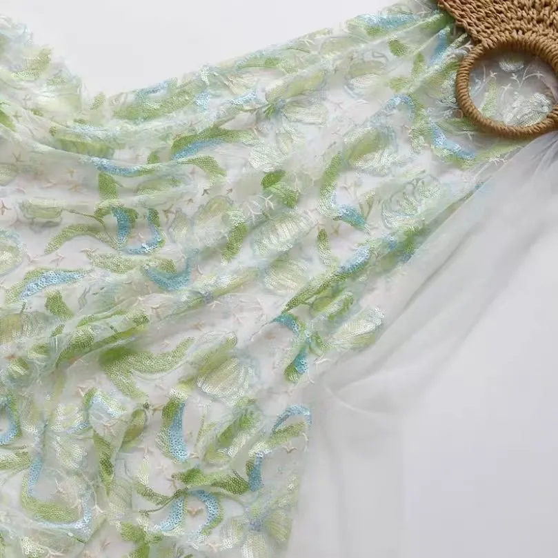 Beaded Green Tulip Floral Embroidered Lace Fabric