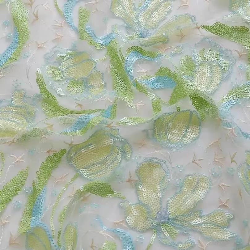 Beaded Green Tulip Floral Embroidered Lace Fabric