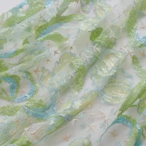 Beaded Green Tulip Floral Embroidered Lace Fabric