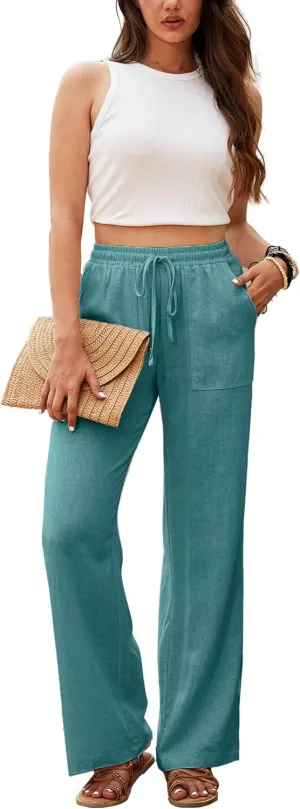 Beautiful Nomad Women's Linen Pants High Waisted Straight Pant Casual Flowy Wide Leg Drawstring Trousers with Pockets