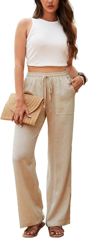 Beautiful Nomad Women's Linen Pants High Waisted Straight Pant Casual Flowy Wide Leg Drawstring Trousers with Pockets