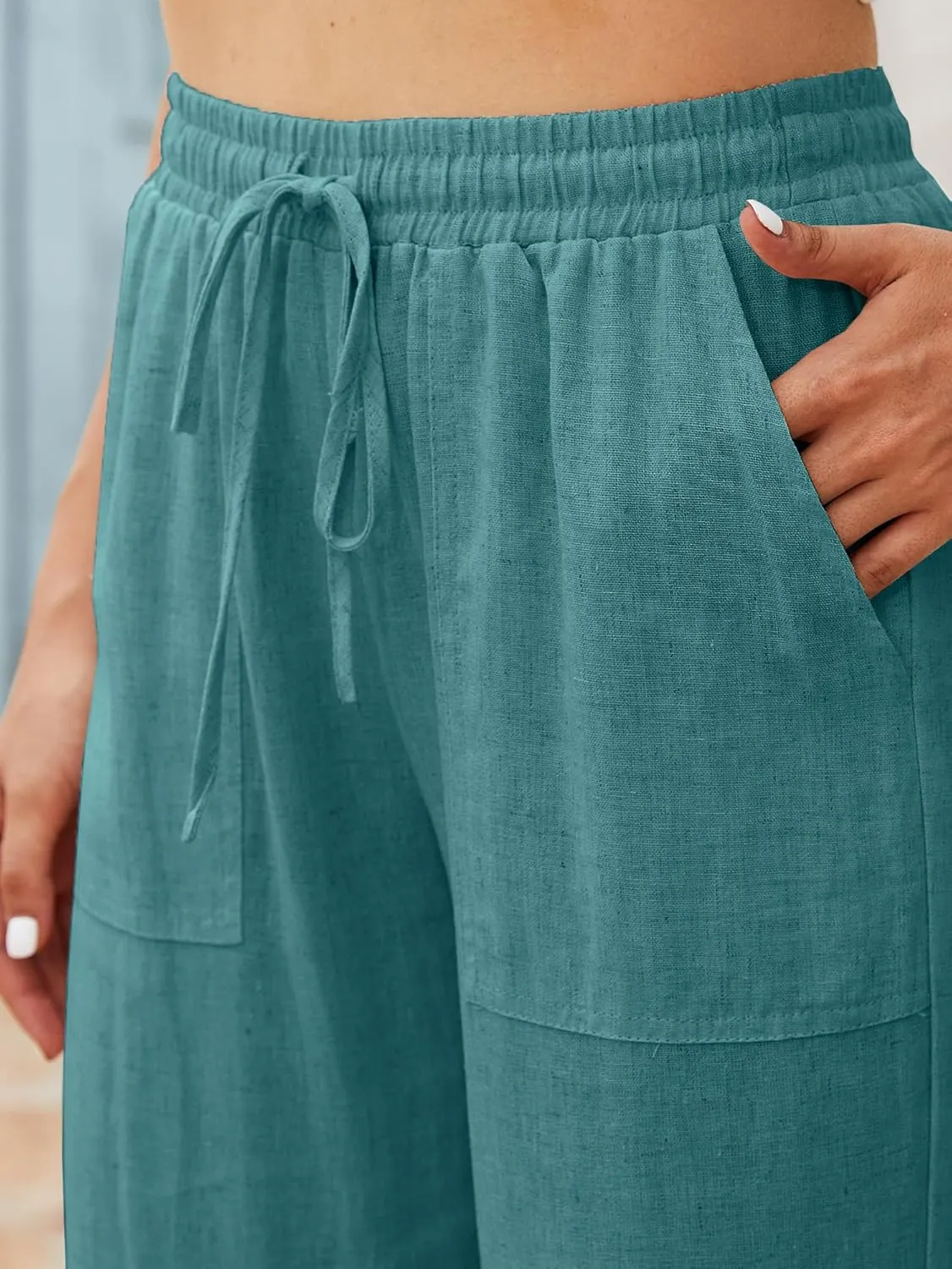 Beautiful Nomad Women's Linen Pants High Waisted Straight Pant Casual Flowy Wide Leg Drawstring Trousers with Pockets