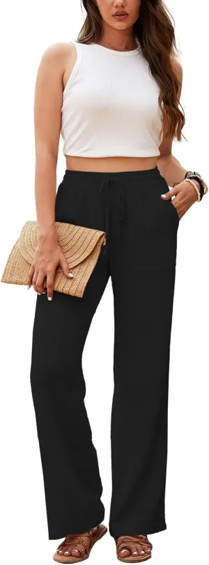 Beautiful Nomad Women's Linen Pants High Waisted Straight Pant Casual Flowy Wide Leg Drawstring Trousers with Pockets