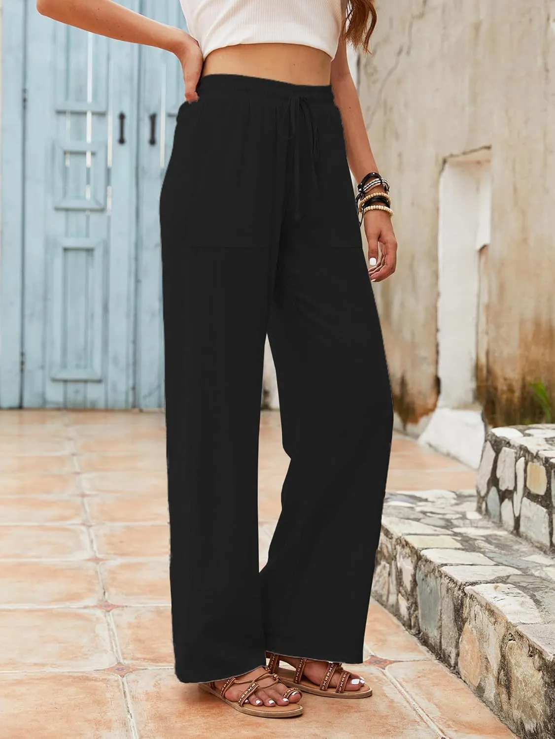 Beautiful Nomad Women's Linen Pants High Waisted Straight Pant Casual Flowy Wide Leg Drawstring Trousers with Pockets