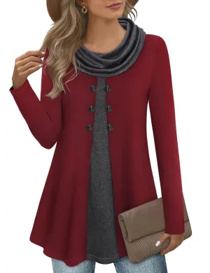 Bebonnie Womens Long Sleeve Cowl Neck Warm Splicing Tunic Tops with Buttons