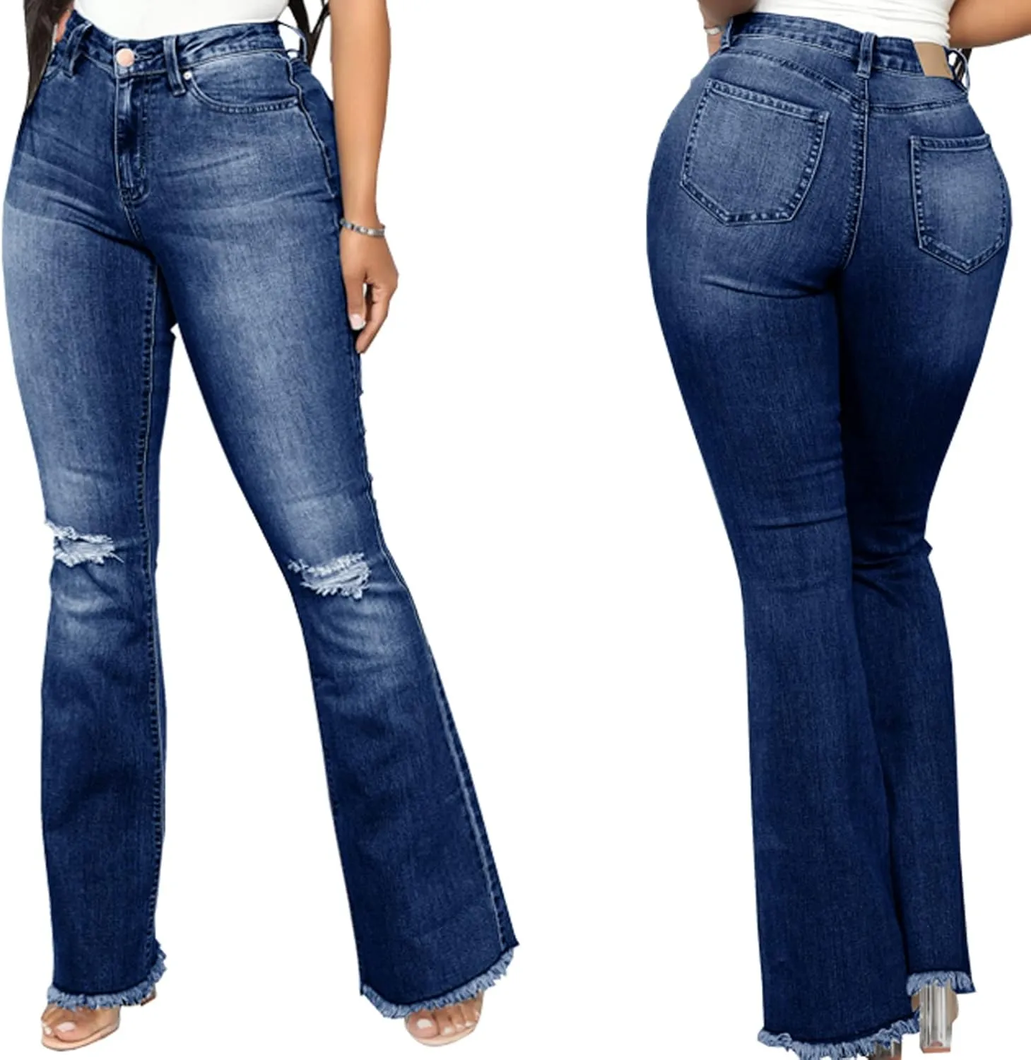 Bell Bottom Jeans for Women Vintage High Waisted Ripped Hole Raw Hem Denim Flare Jeans Pants