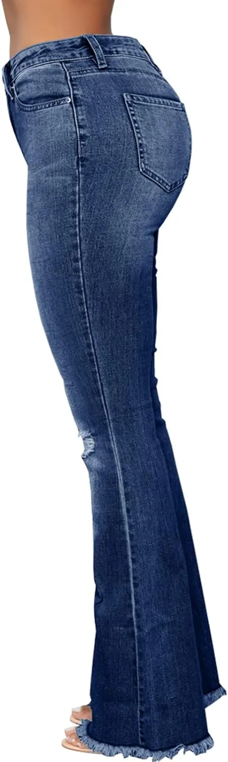 Bell Bottom Jeans for Women Vintage High Waisted Ripped Hole Raw Hem Denim Flare Jeans Pants