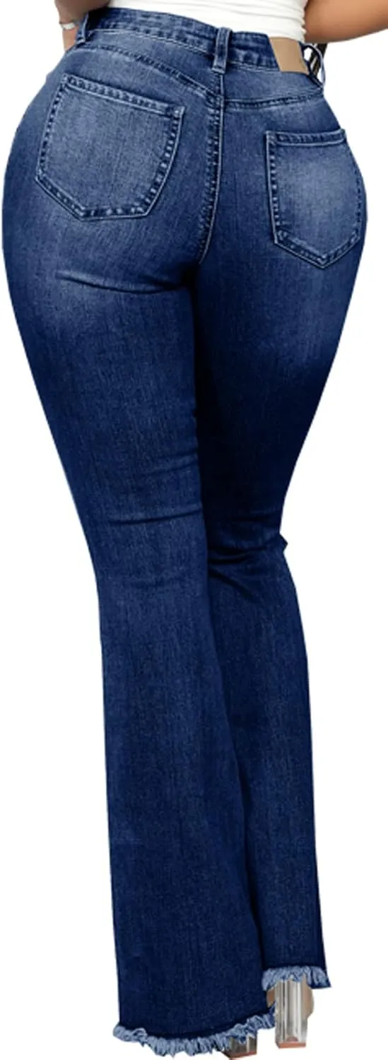 Bell Bottom Jeans for Women Vintage High Waisted Ripped Hole Raw Hem Denim Flare Jeans Pants
