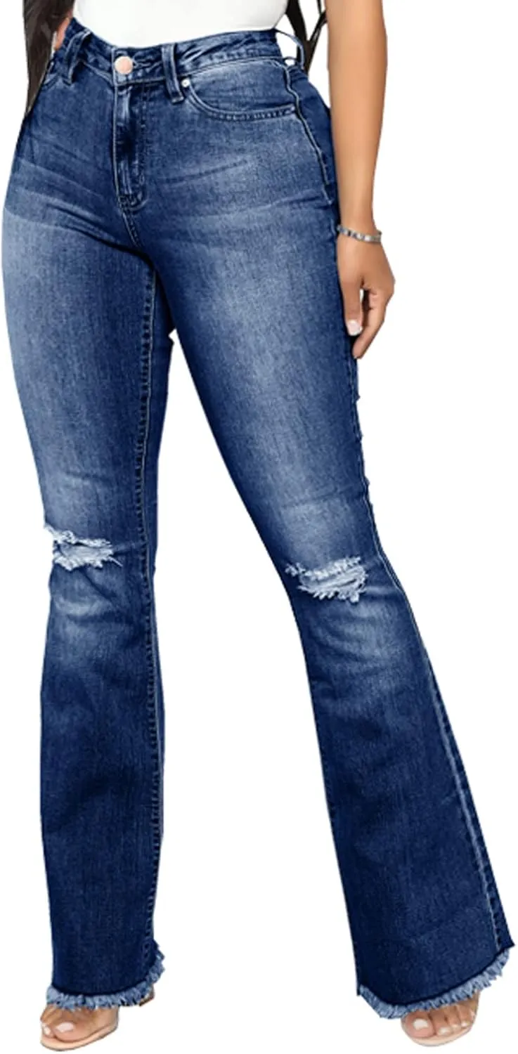 Bell Bottom Jeans for Women Vintage High Waisted Ripped Hole Raw Hem Denim Flare Jeans Pants