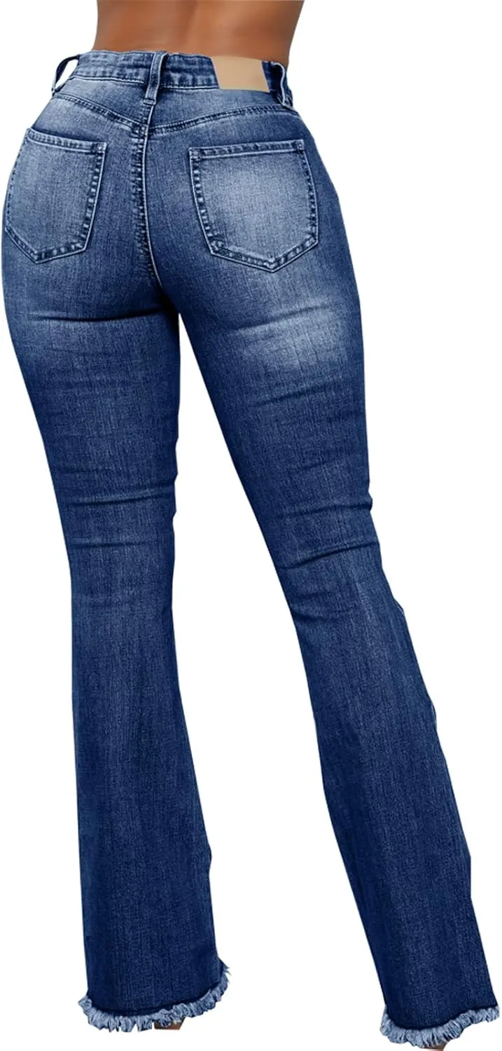 Bell Bottom Jeans for Women Vintage High Waisted Ripped Hole Raw Hem Denim Flare Jeans Pants