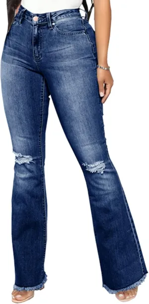 Bell Bottom Jeans for Women Vintage High Waisted Ripped Hole Raw Hem Denim Flare Jeans Pants