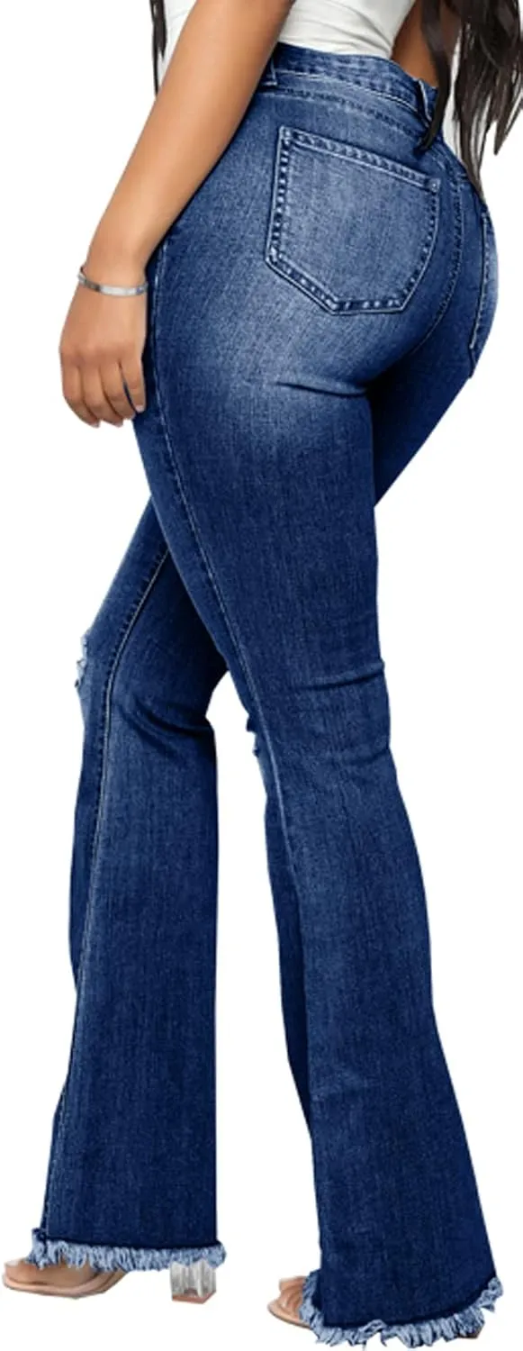 Bell Bottom Jeans for Women Vintage High Waisted Ripped Hole Raw Hem Denim Flare Jeans Pants