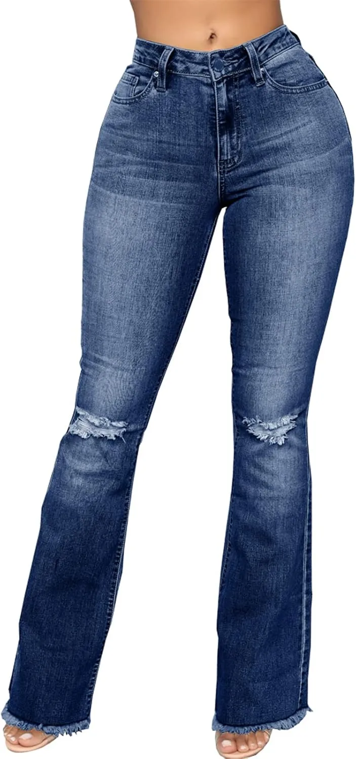 Bell Bottom Jeans for Women Vintage High Waisted Ripped Hole Raw Hem Denim Flare Jeans Pants